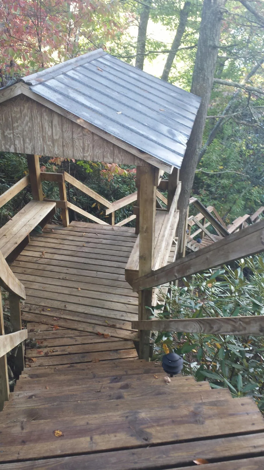 Metal roofed shelter over wooden steps on a wooded walkway — Skylight Repair & Installation work by our crew in Beaver Creek